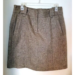British Khaki Brown Herringbone Wool Blend Knee Length A-Line Skirt Sz 10